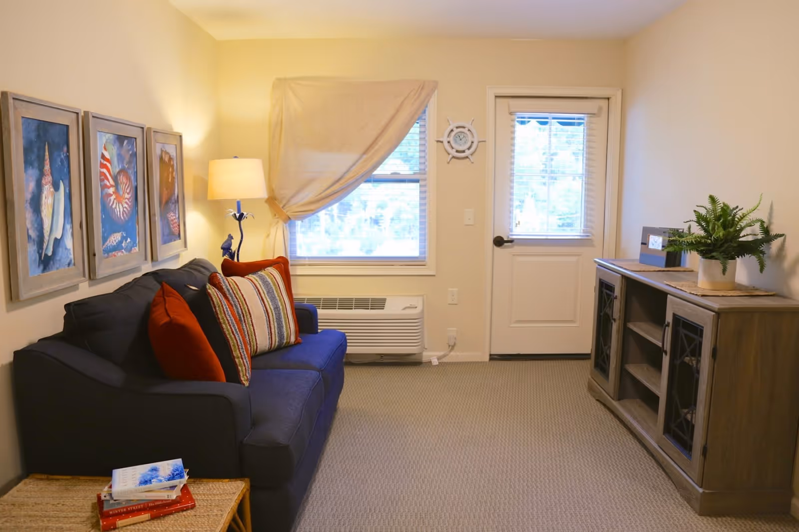 A cozy living room with a dark blue sofa adorned with red and striped pillows, a side table with books, three framed seashell paintings on the wall, a floor lamp, a window with a curtain, a door with a window, and a wooden cabinet with a potted plant on top.