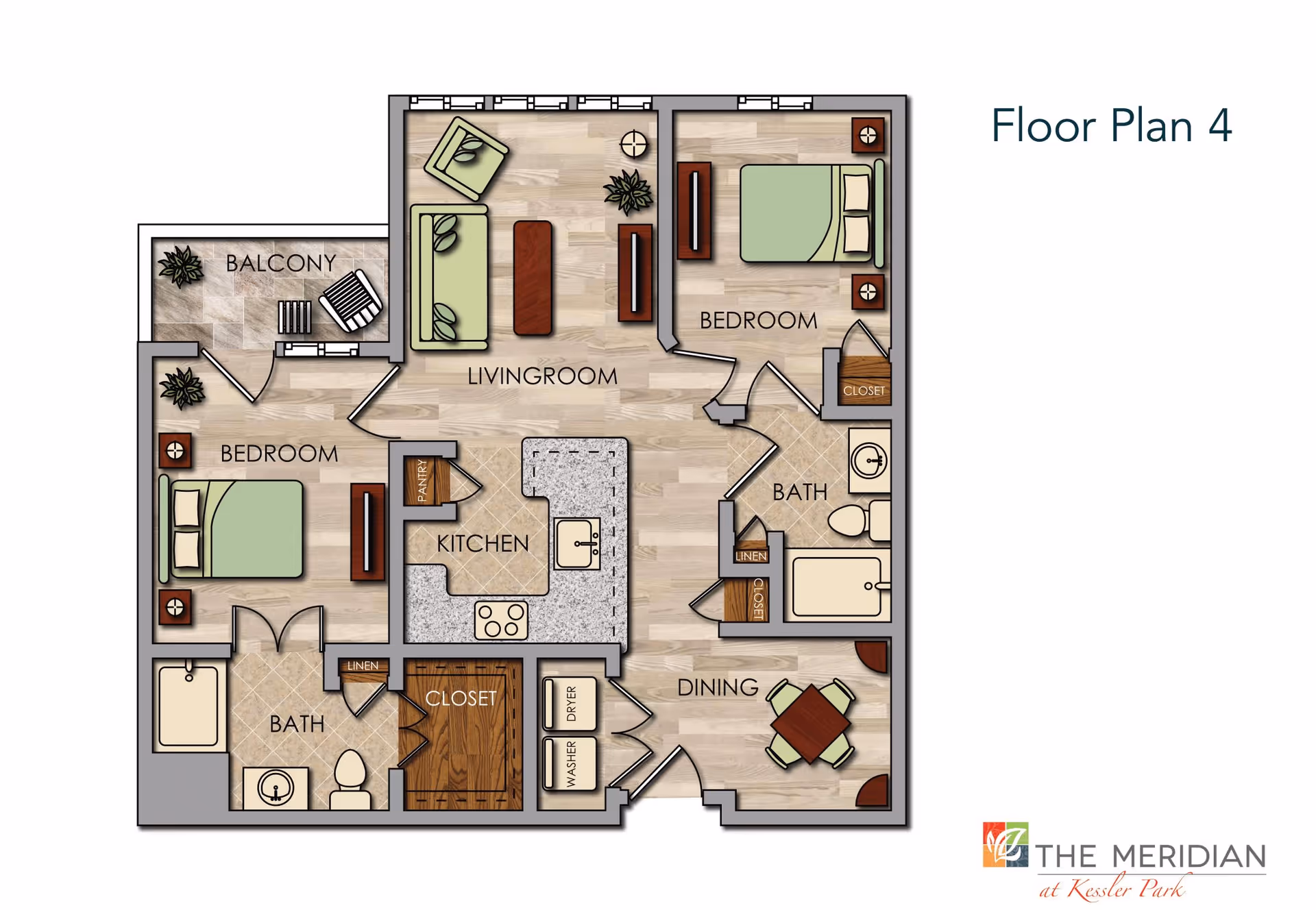 Floor plan labeled Floor Plan 4 showing a two-bedroom apartment with two bathrooms, a kitchen with pantry, living room, dining area, balcony, closets, and washer/dryer area.
