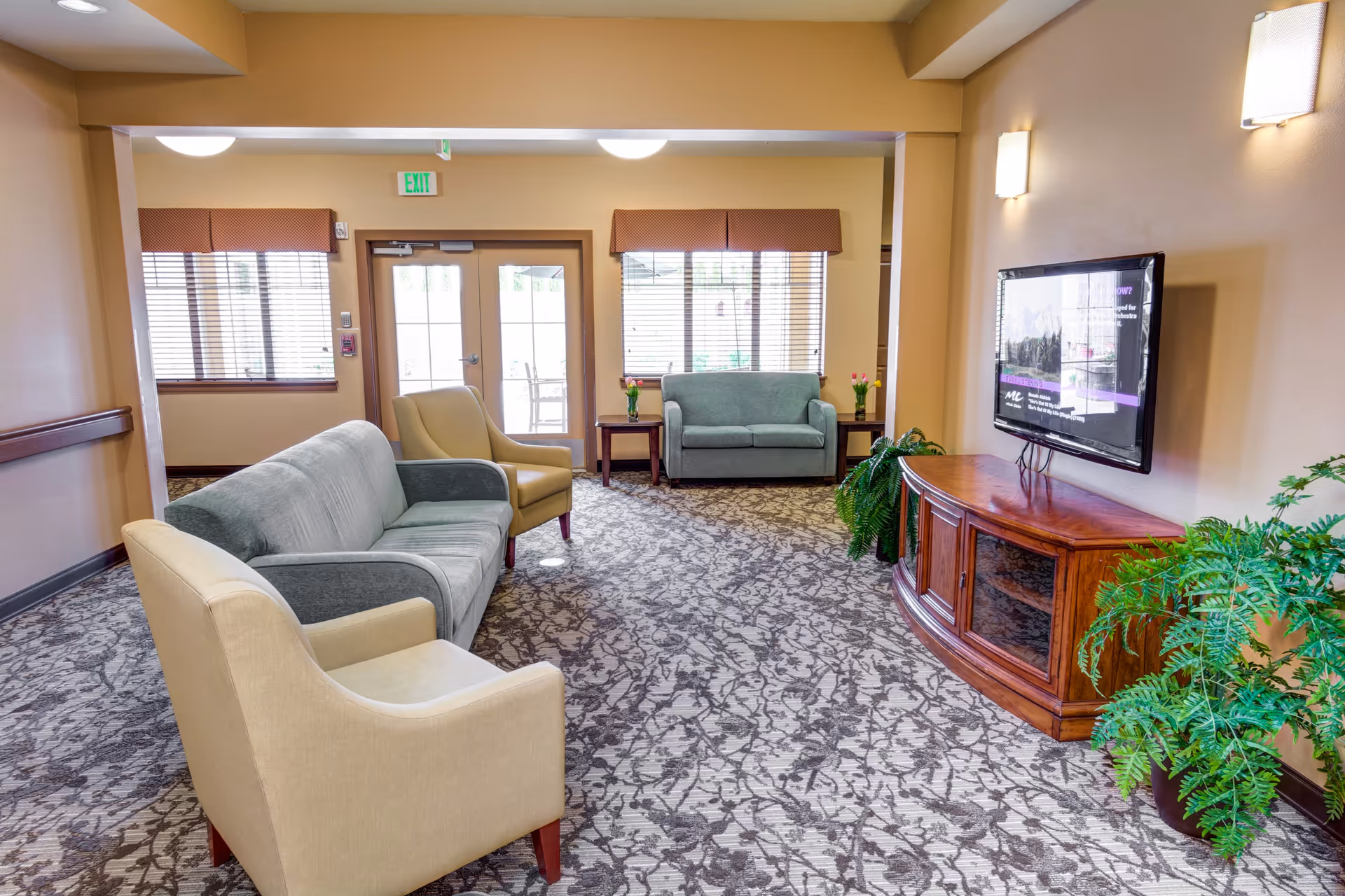 A cozy living room area in a memory care residence featuring a patterned carpet, two beige armchairs, a gray sofa, a green loveseat, a wooden TV stand with a flat-screen TV mounted on the wall, potted plants, and windows with blinds and valances letting in natural light.