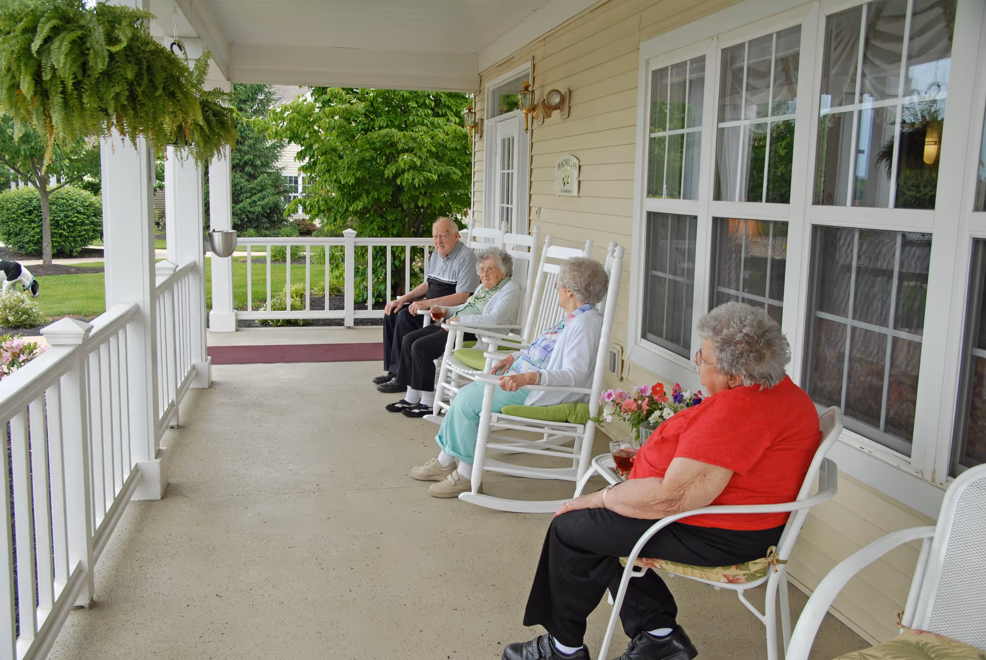 Four elderly people sitting on a covered porch of a building, three in white rocking chairs and one in a metal chair, with greenery and a dog visible in the background.