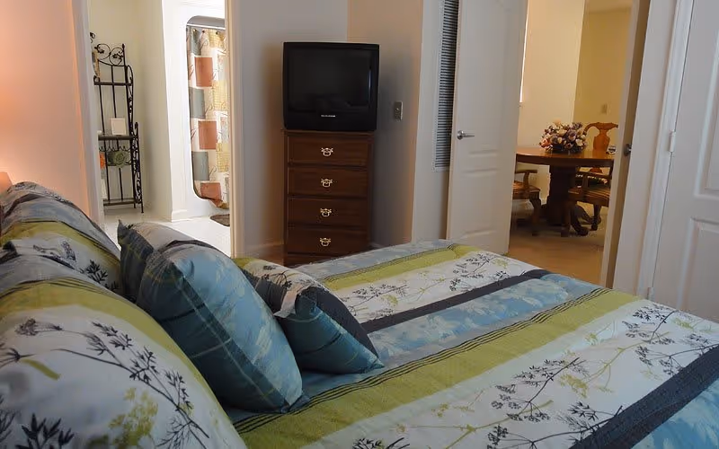 A bedroom with a bed covered in a floral and striped bedspread in shades of green, blue, and white. Several pillows are arranged on the bed. In the background, there is a wooden dresser with a television on top. Two open doors reveal a bathroom with a shower curtain and a dining area with a wooden table and chairs.