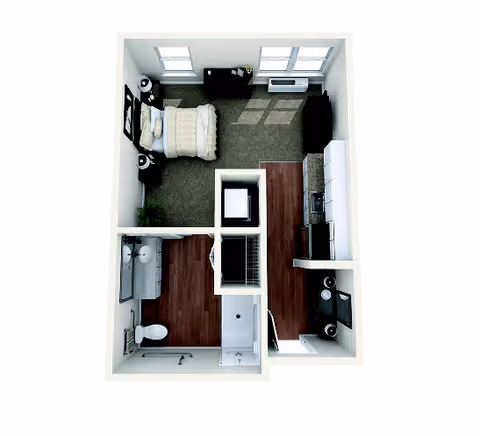 Top-down view of a small apartment layout featuring a bedroom with a bed and nightstands, a bathroom with a toilet, sink, and shower, and a kitchen area with cabinets and appliances.