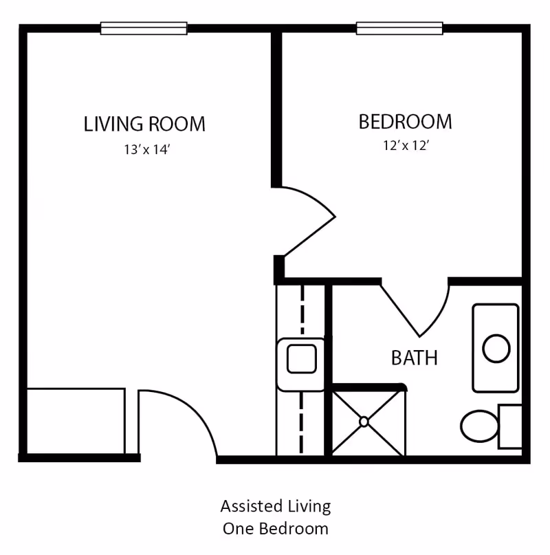 Floor plan of an assisted living one-bedroom unit showing a living room measuring 13 by 14 feet, a bedroom measuring 12 by 12 feet, and a bathroom with a shower, toilet, and sink.