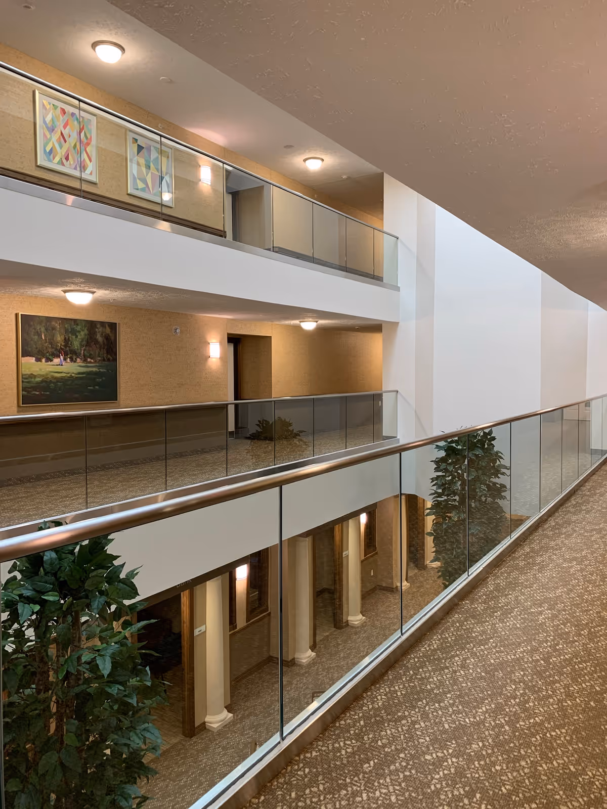 Interior view of a multi-level hallway in a retirement community with glass railings, carpeted floors, potted plants, and framed artwork on the walls. The hallway is well-lit with ceiling and wall lights.