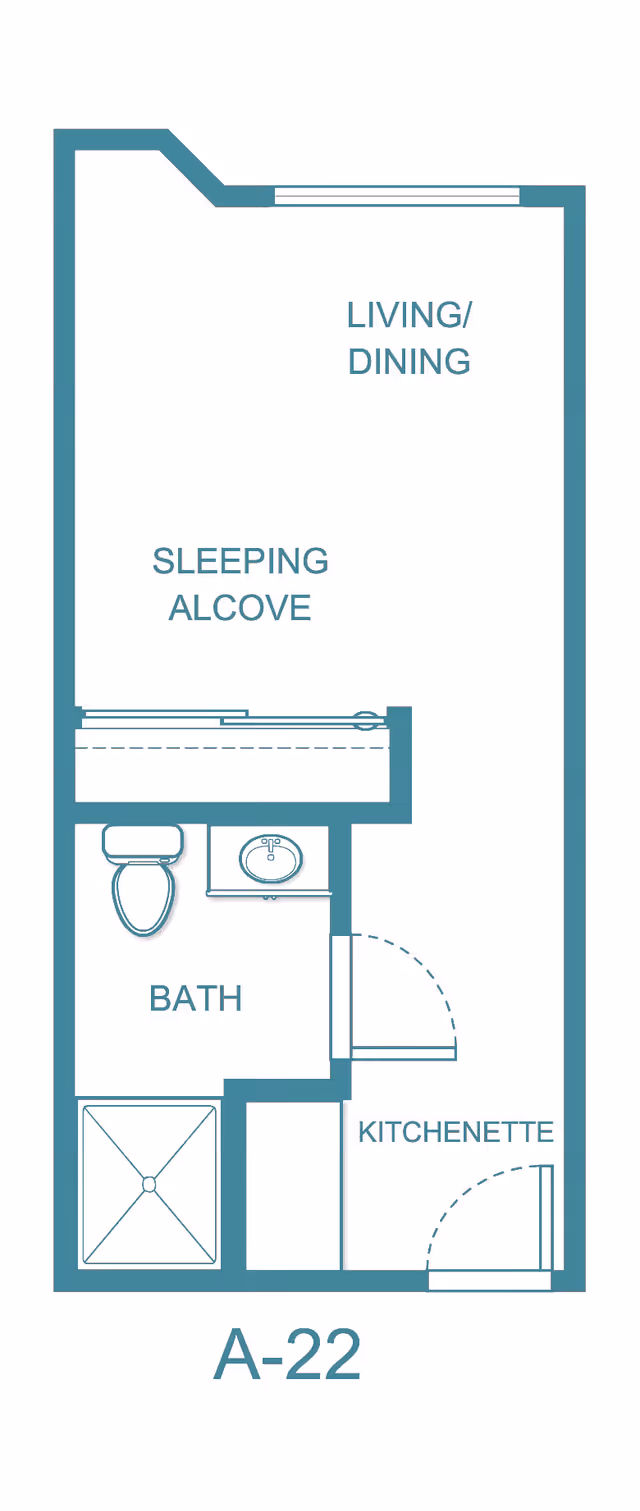 Floor plan layout labeled A-22 showing a living/dining area, sleeping alcove, bath with toilet and sink, and a kitchenette.