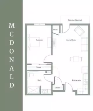 Floor plan layout of a one-bedroom apartment named McDonald at Legacy Village of St George, showing a bedroom, bathroom, closets, HVAC, kitchenette, living room, and an optional balcony.