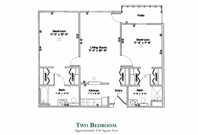 Black-and-white floor plan of a two-bedroom apartment showing two bedrooms, living room, kitchen, two bathrooms, closets and a patio labeled 'Two Bedroom Approximately 836 Square Feet'.