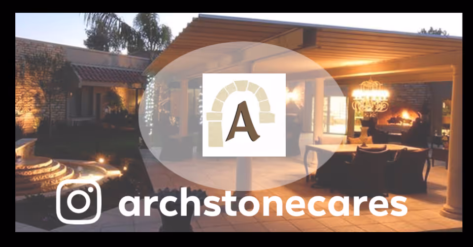 Covered outdoor patio and courtyard at dusk with seating, a lit fireplace and fountain, overlaid by an 'A' logo and the text 'archstonecares'.