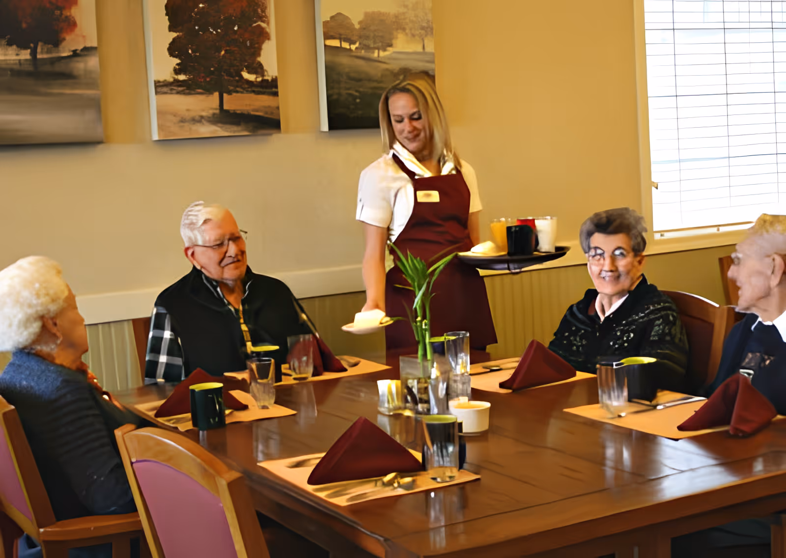 A server brings plates to a table where elderly residents are seated around a communal dining table.