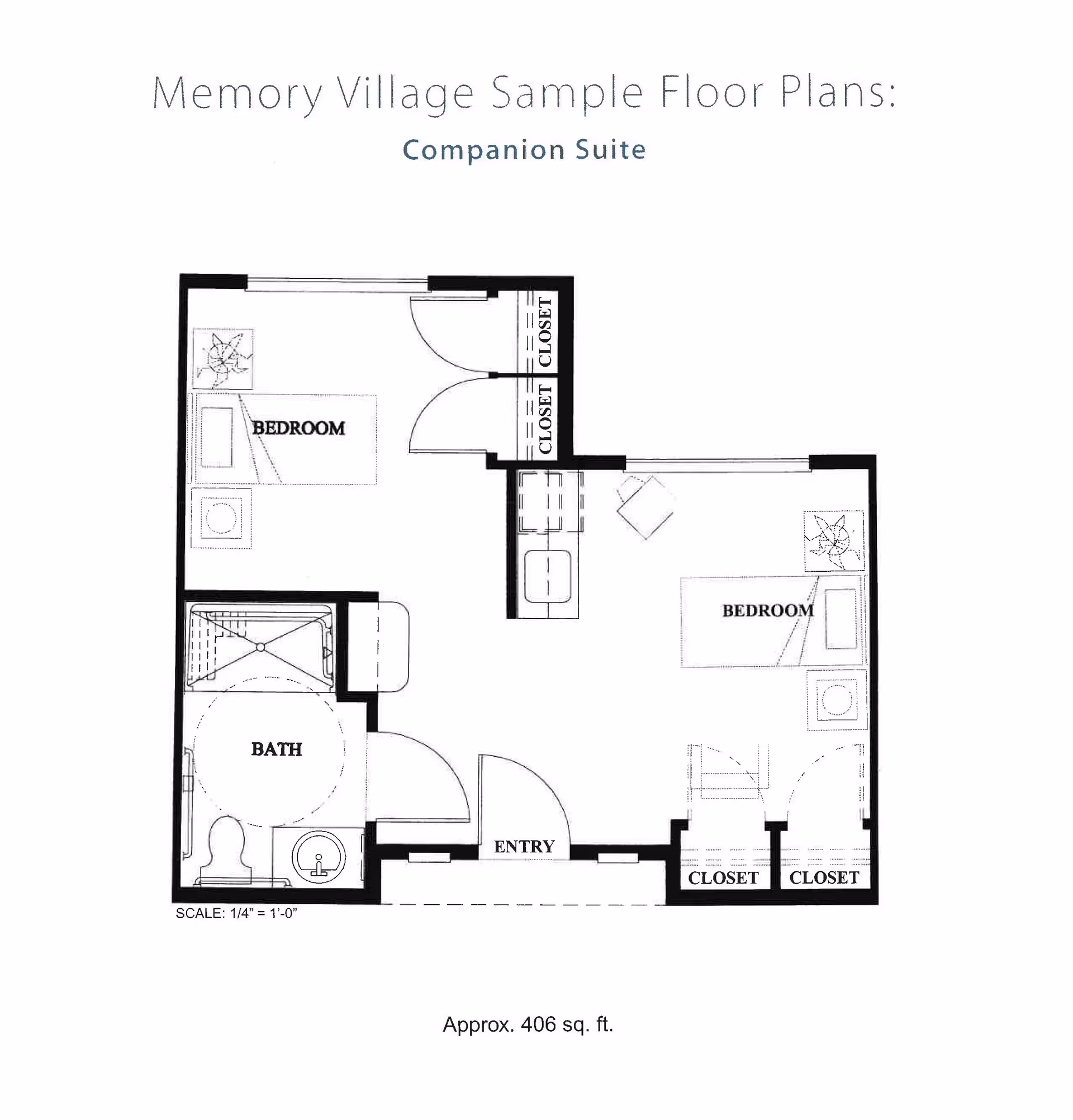 Floor plan layout of a Companion Suite in Memory Village showing two bedrooms, a bathroom, an entry area, closets, and a small kitchenette area. The total area is approximately 406 square feet.