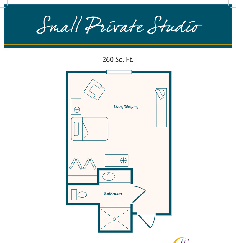 Floor plan of a small private studio apartment measuring 260 square feet, showing a combined living and sleeping area with a bed, chair, and dresser, and a separate bathroom with a toilet, sink, and shower.