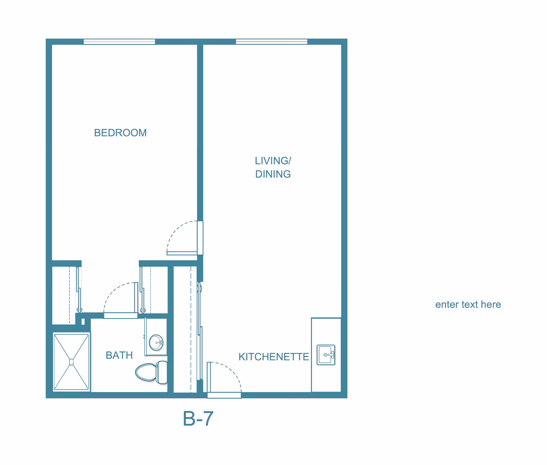 Floor plan layout of a one-bedroom apartment labeled B-7, showing a bedroom, bathroom, kitchenette, and combined living/dining area.