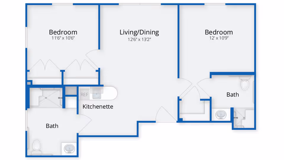 Floor plan of an apartment at Benchmark at Bedford Falls showing two bedrooms, two bathrooms, a living/dining area, and a kitchenette with a refrigerator.