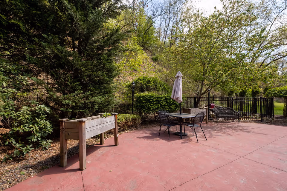 Outdoor patio with a table, chairs and umbrella, a raised planter, and trees on a paved surface.