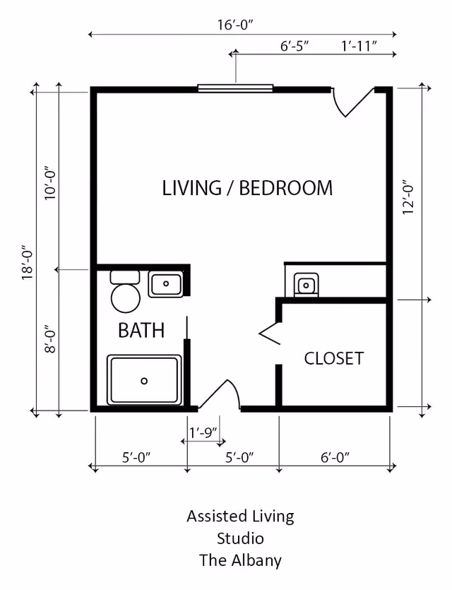 Architectural floor plan of an assisted living studio apartment named The Albany at Riverbend, showing a combined living and bedroom area, a bathroom with a toilet, sink, and bathtub, and a closet. Dimensions of each area are marked.