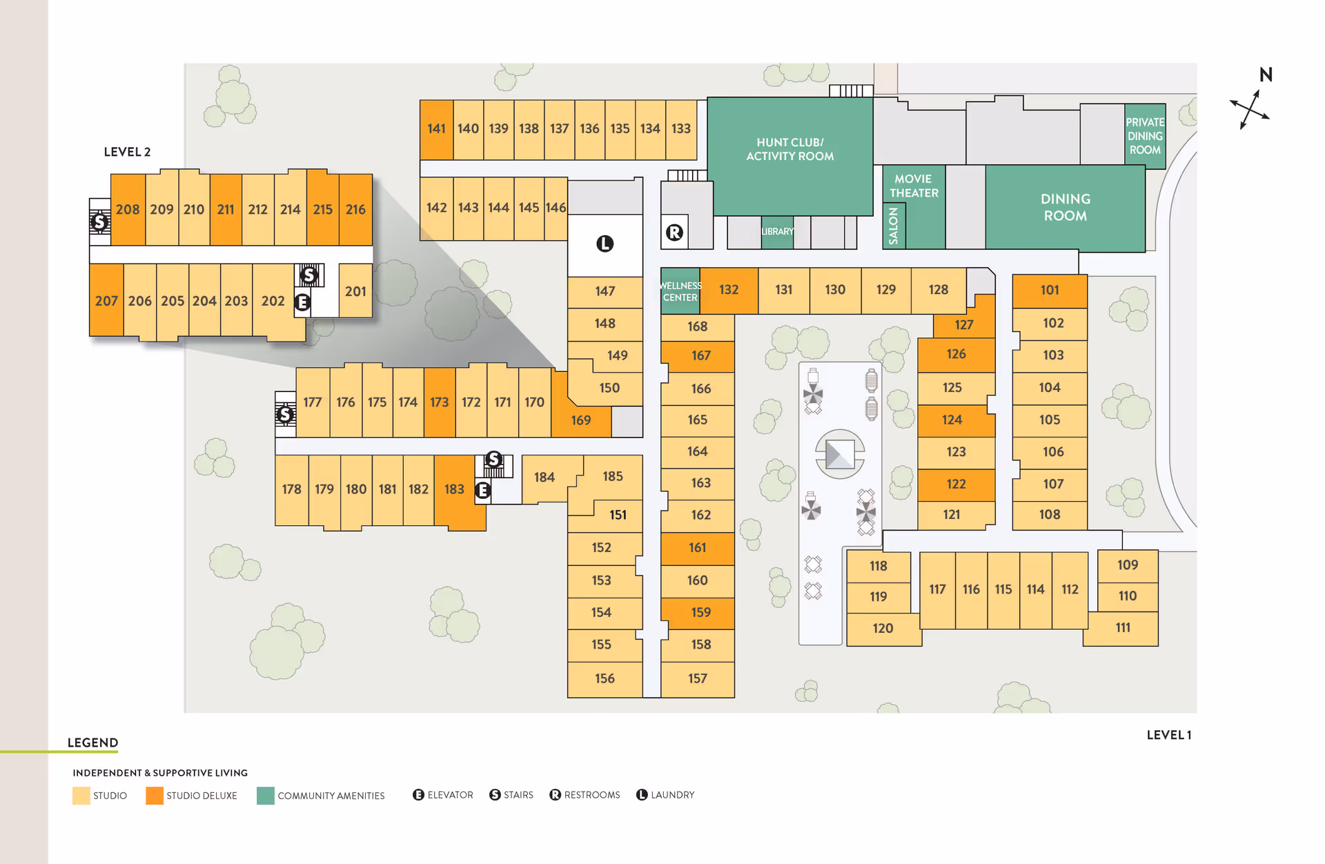 Floor plan of Atria Huntington senior living facility showing Level 1 and Level 2. The plan includes labeled studio and studio deluxe apartments, community amenities such as a dining room, private dining room, movie theater, salon, library, wellness center, and Hunt Club/activity room. Elevators, stairs, restrooms, and laundry areas are also marked. Outdoor areas with trees and seating are depicted in the center courtyard.