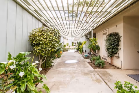 Covered outdoor walkway with a white pergola overhead, flanked by various green plants and shrubs along the sides, leading to a bright open area in the distance.