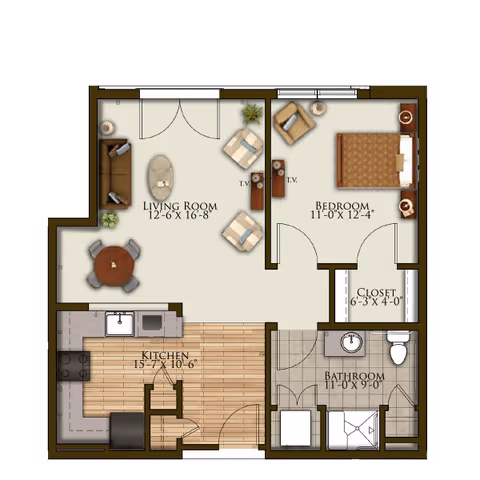 Floor plan of a one-bedroom apartment showing a living room with sofa, chairs, and TV, a kitchen with appliances and dining table, a bedroom with a bed and TV, a closet, and a bathroom with a shower, toilet, and sink.
