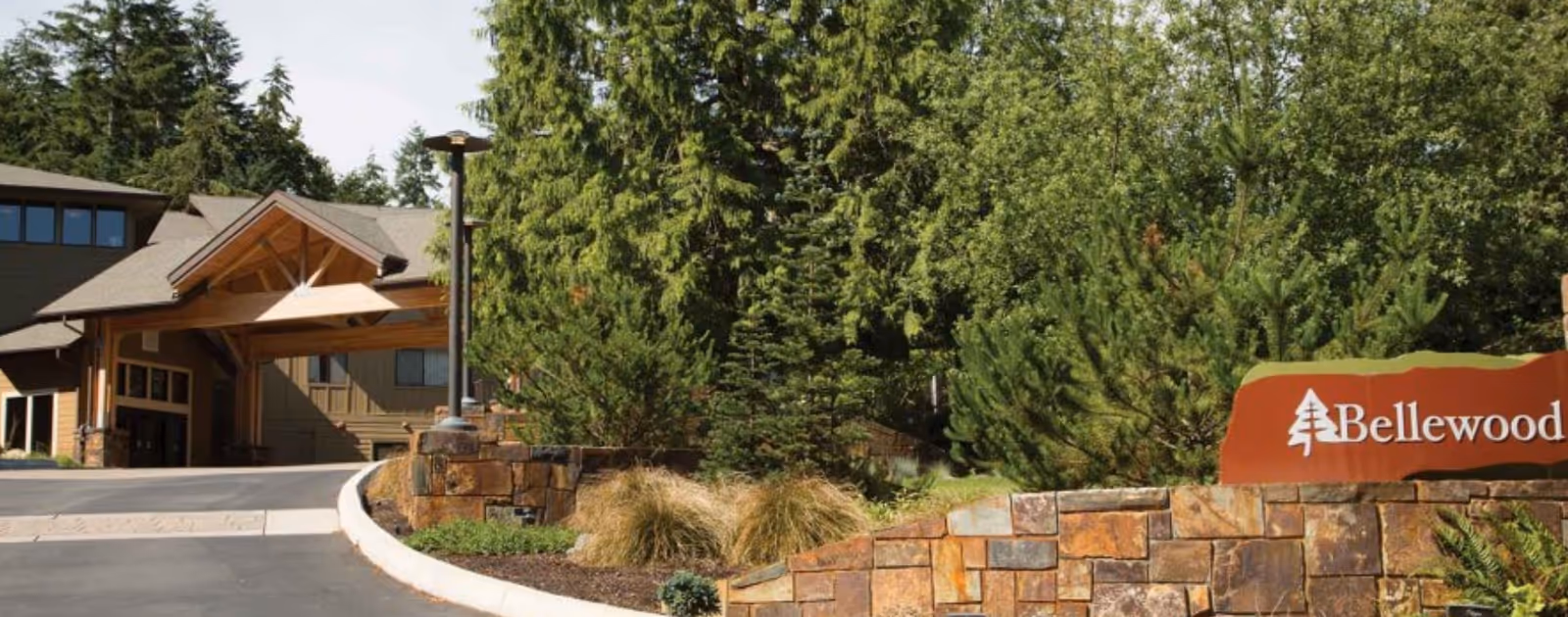 Bellewood residence entrance featuring stone wall, driveway, and surrounding trees