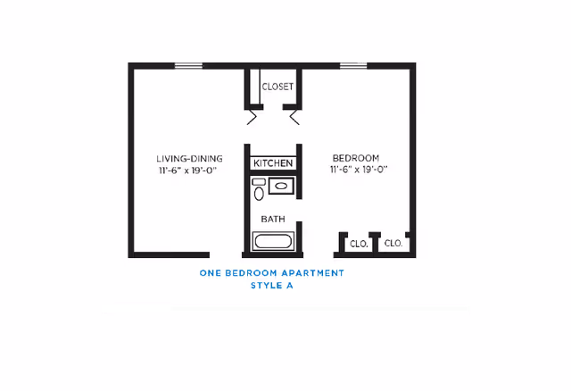 Floor plan of a one bedroom apartment style A showing a living-dining area, kitchen, bedroom, bathroom, and closets.