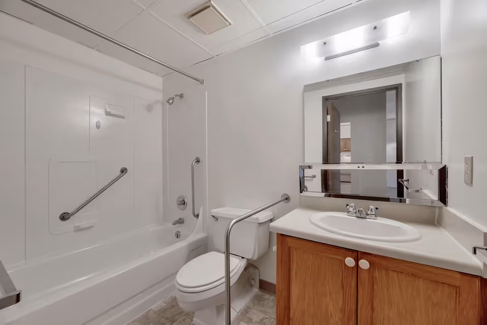 A clean bathroom with a bathtub/shower combo featuring grab bars, a toilet, and a vanity with sink and mirror.