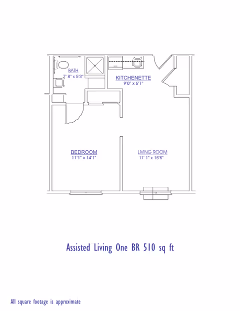 Floor plan of an assisted living one-bedroom apartment with a total area of 510 square feet. The layout includes a bedroom measuring 11 feet 1 inch by 14 feet 1 inch, a living room measuring 11 feet 1 inch by 16 feet 6 inches, a kitchenette measuring 9 feet by 6 feet 1 inch, and a bathroom measuring 7 feet 8 inches by 5 feet 3 inches. The plan shows the arrangement of doors, windows, and fixtures within the apartment.