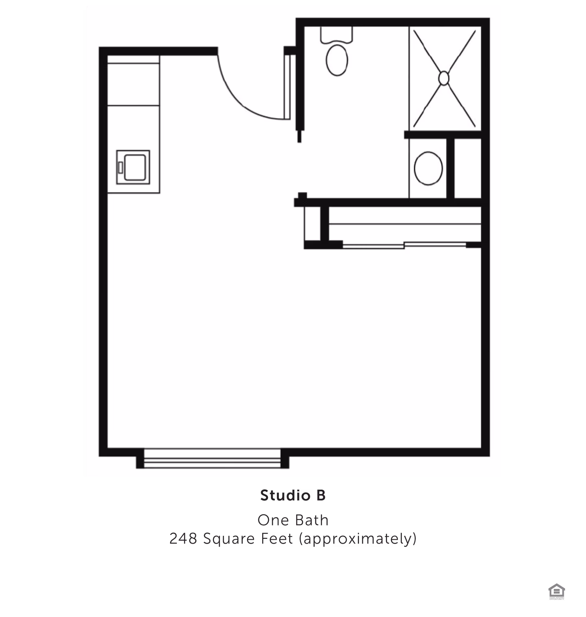 Floor plan layout of a studio apartment labeled Studio B with one bathroom and approximately 248 square feet. The layout includes a bathroom with a toilet, shower, and sink, a small kitchen area, and an open living/sleeping space.
