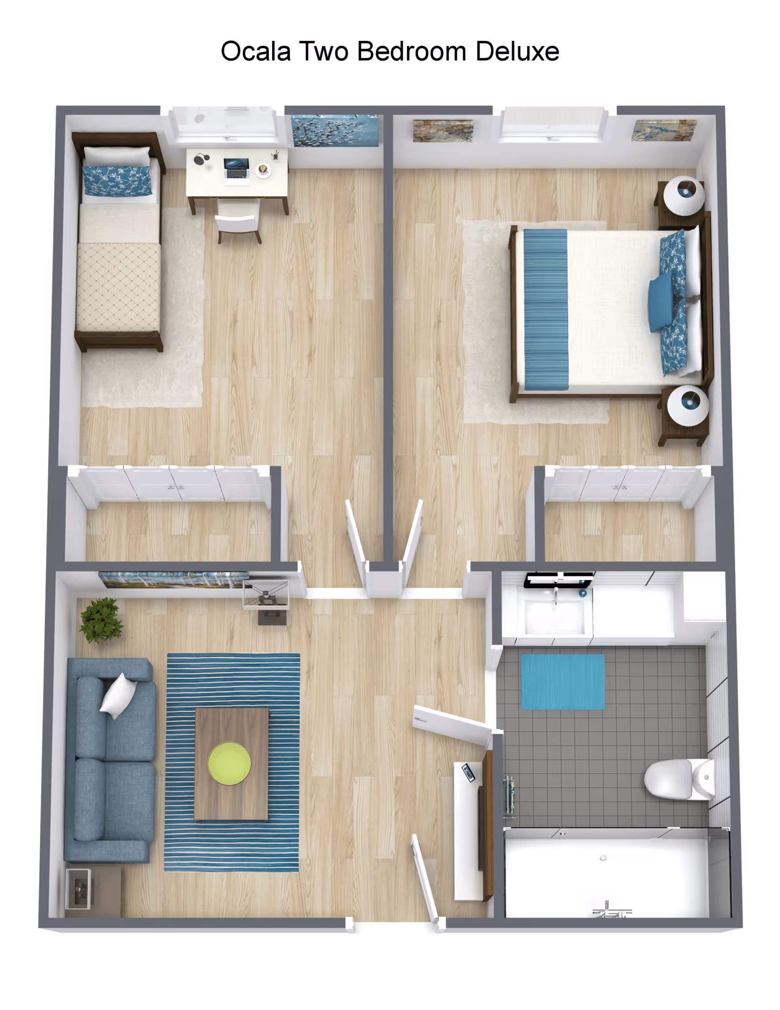 Top-down floor plan of a two-bedroom deluxe apartment at Ocala Senior Living, showing two bedrooms, a living room with a sofa and coffee table, and a bathroom with a sink, toilet, and bathtub.