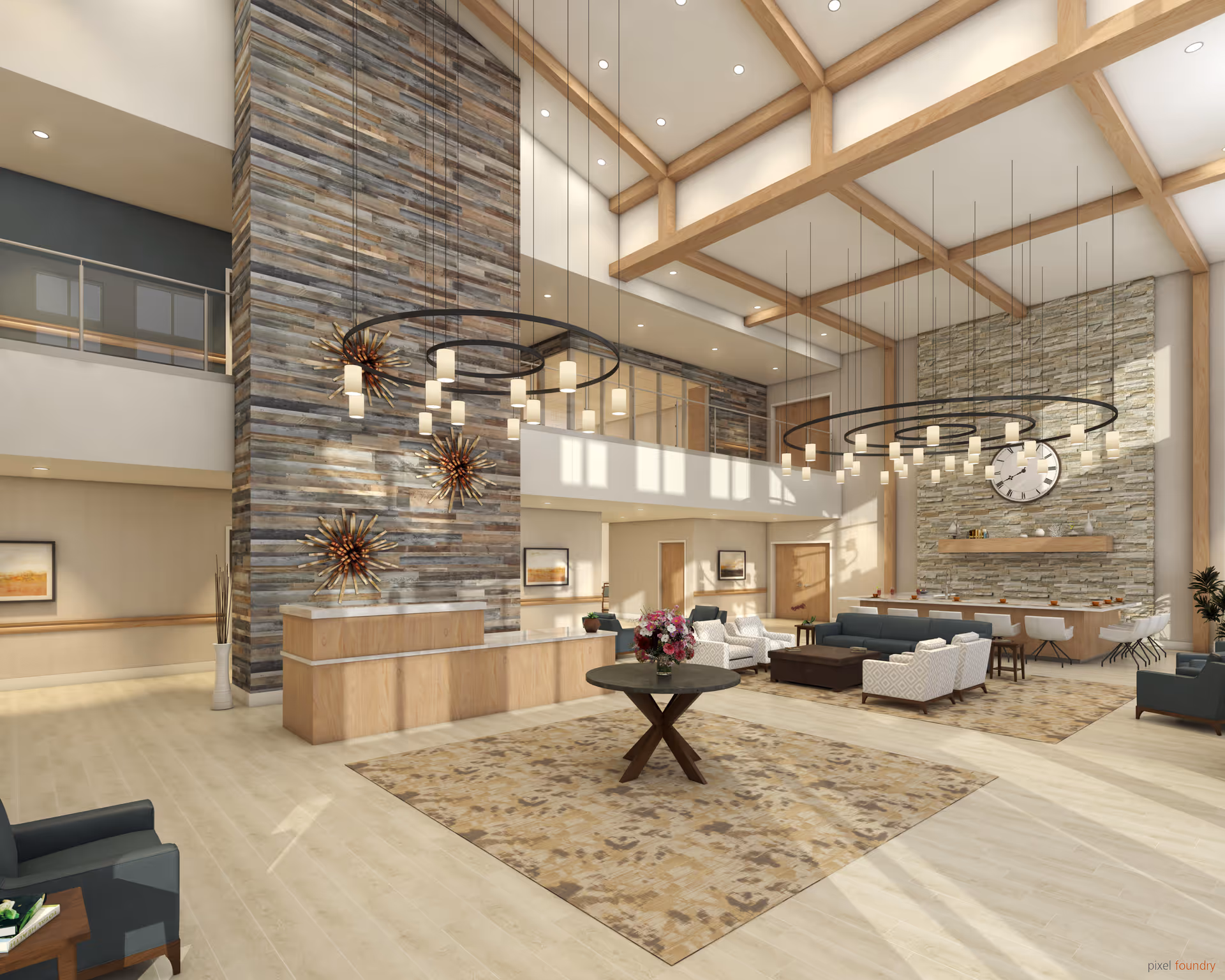 Spacious and modern senior living facility lobby with high ceilings, wooden beams, and large circular chandeliers. The room features a tall stone accent wall with decorative starburst sculptures, a reception desk, seating areas with sofas and armchairs, a round table with a flower arrangement, and a wall clock above a stone fireplace. Large windows allow natural light to fill the space.