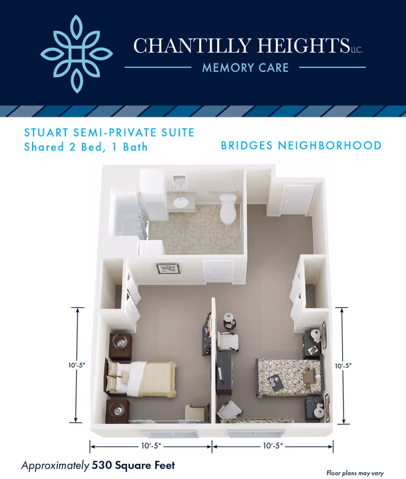 3D floor plan of Stuart Semi-Private Suite at Chantilly Heights Memory Care showing a shared 2-bedroom, 1-bathroom layout with two separate beds, a shared bathroom, and a common area with seating and TV.