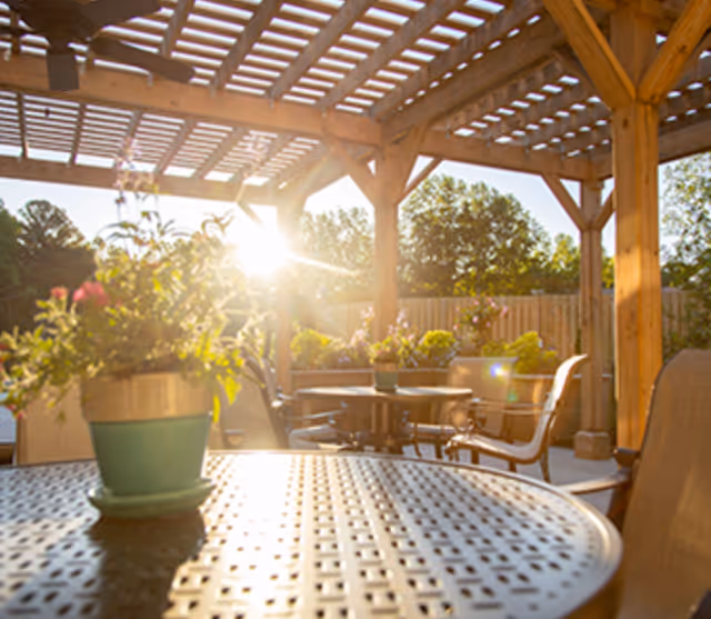 Outdoor patio area with a wooden pergola overhead, metal tables and chairs, and potted plants on the tables and around the space. Sunlight is shining through the pergola, creating a warm and inviting atmosphere.