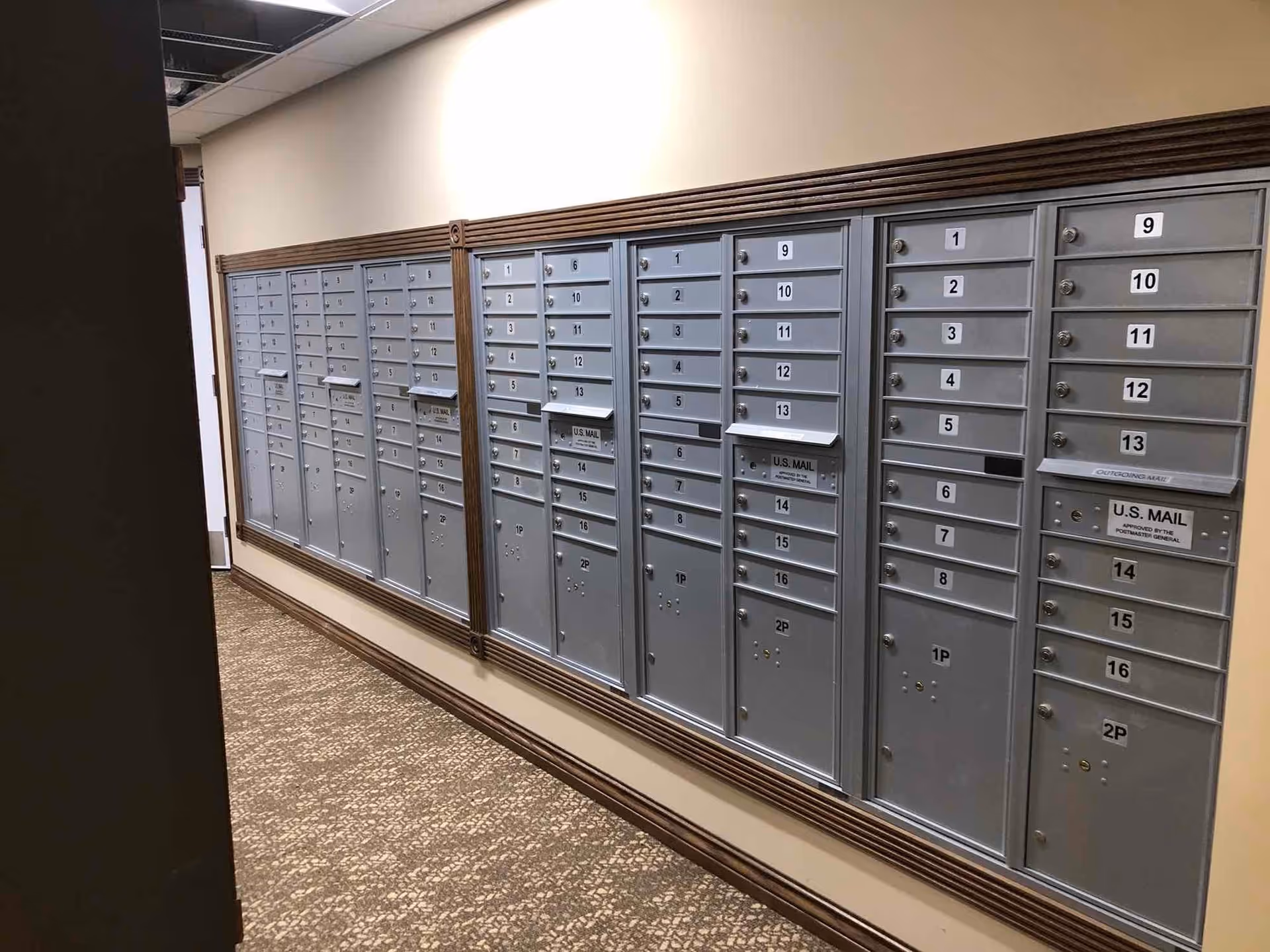 A hallway wall with multiple rows of gray metal mailboxes, each labeled with numbers and some marked U.S. MAIL. The wall has wooden trim and the floor is carpeted with a patterned design.