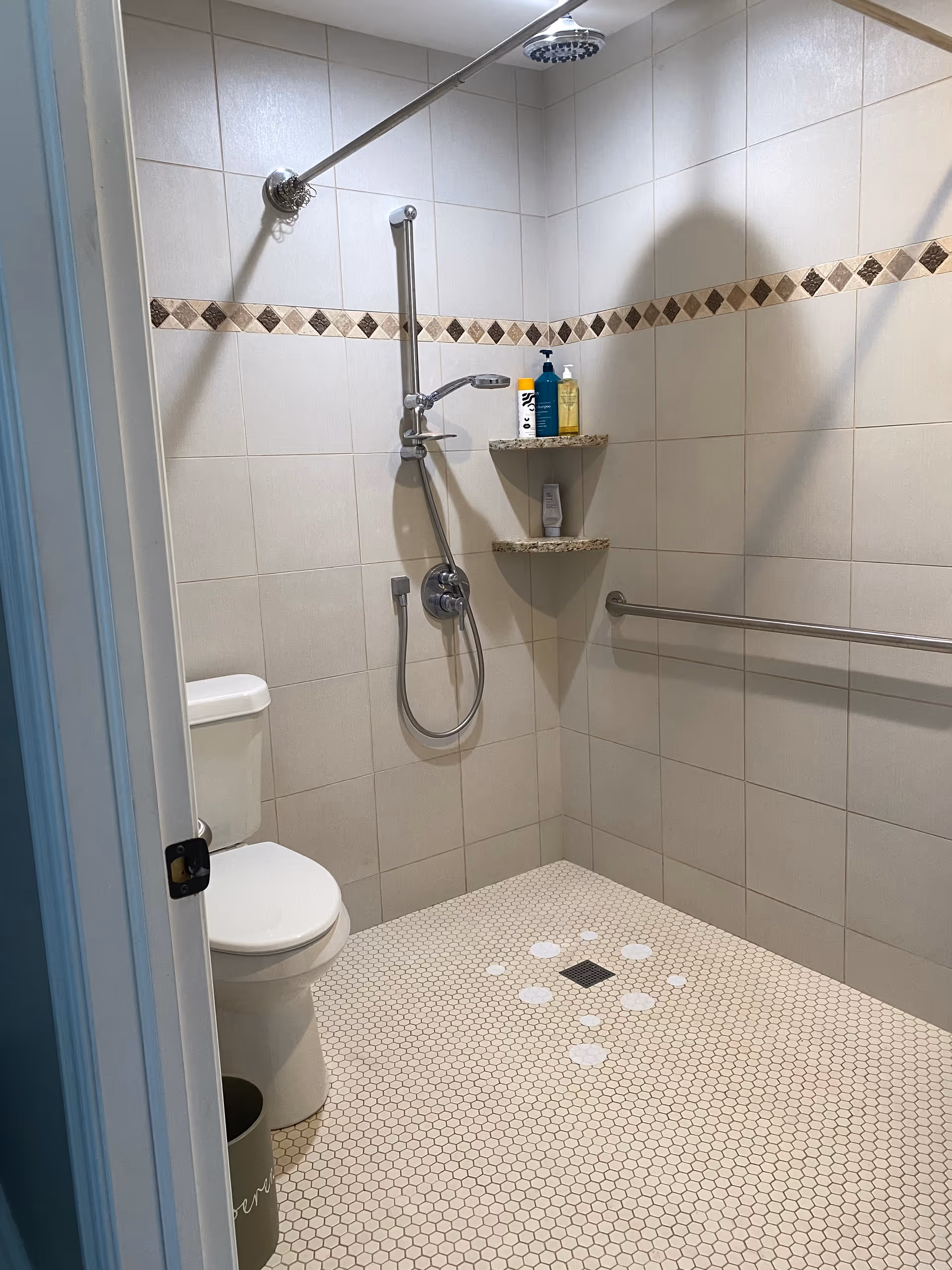 Tiled accessible bathroom with a walk-in shower area, overhead and handheld shower fixtures, grab bar, corner shelves with toiletries, and a toilet.