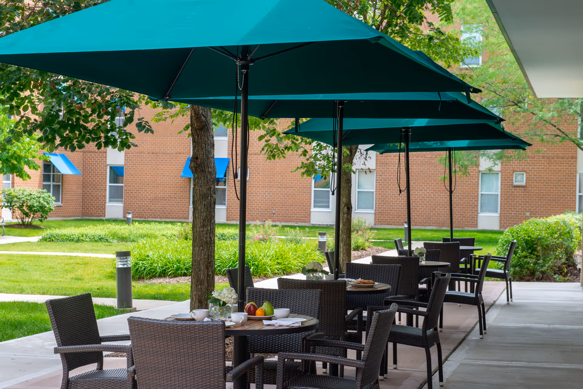 Outdoor patio area with several round tables and wicker chairs under large green umbrellas. The patio is adjacent to a brick building with blue awnings over the windows. The surrounding area has green grass, trees, and shrubs.