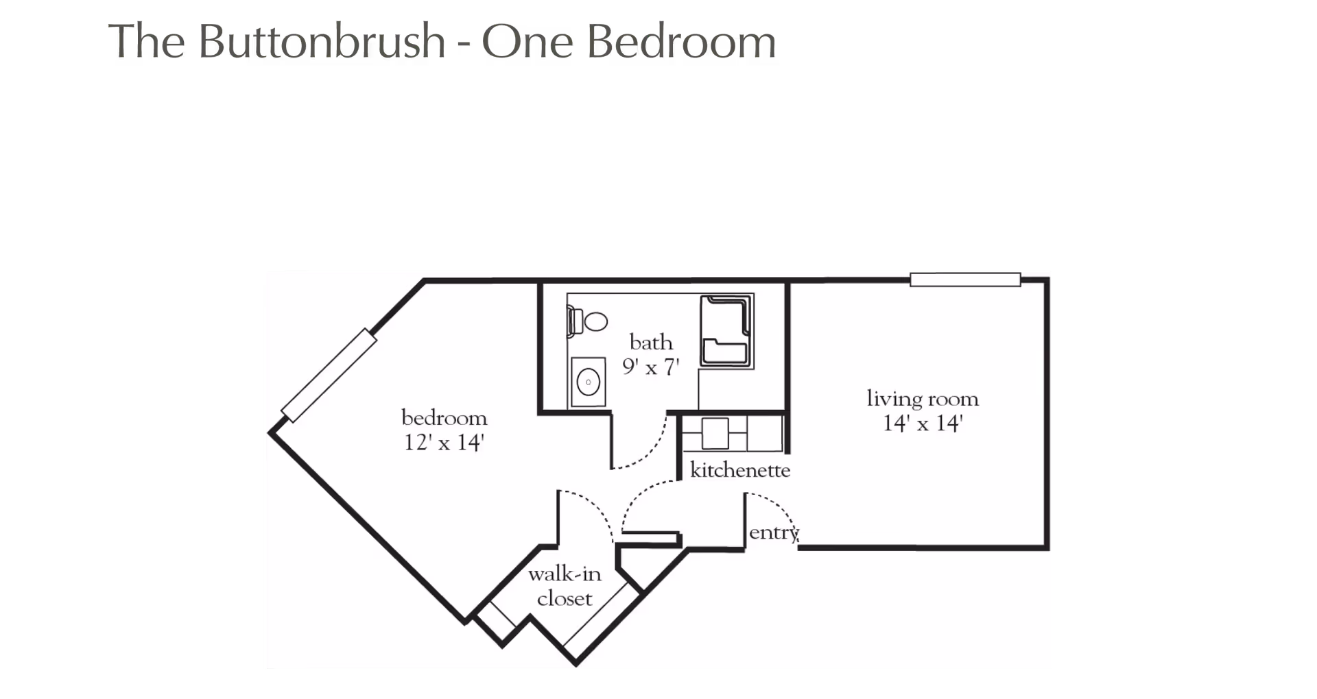 Floor plan titled The Buttonbrush - One Bedroom showing a bedroom measuring 12 feet by 14 feet with a walk-in closet, a bathroom measuring 9 feet by 7 feet, a kitchenette, an entry area, and a living room measuring 14 feet by 14 feet.