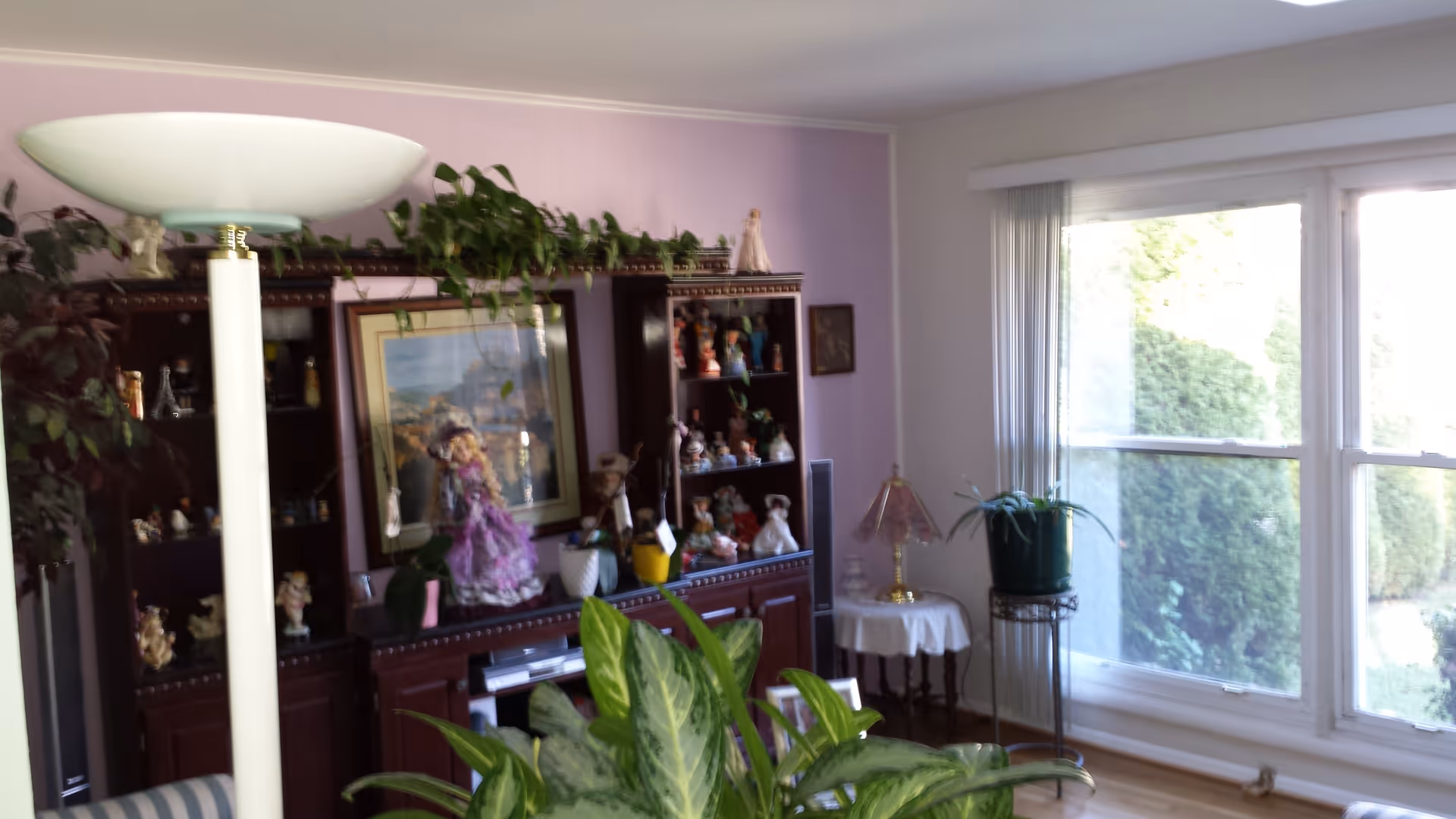 A living room with a tall floor lamp, potted plants, a display cabinet filled with figurines and dolls, and large windows letting in daylight.