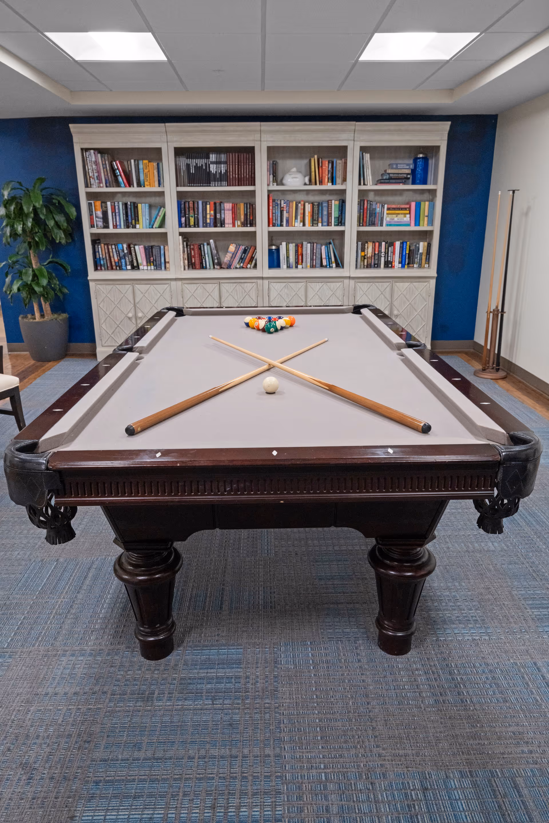 A pool table with two crossed pool cues and a rack of billiard balls set up on the table. Behind the pool table is a large bookshelf filled with books and decorative items. The room has a blue accent wall, a potted plant to the left, and a pool cue stand to the right.