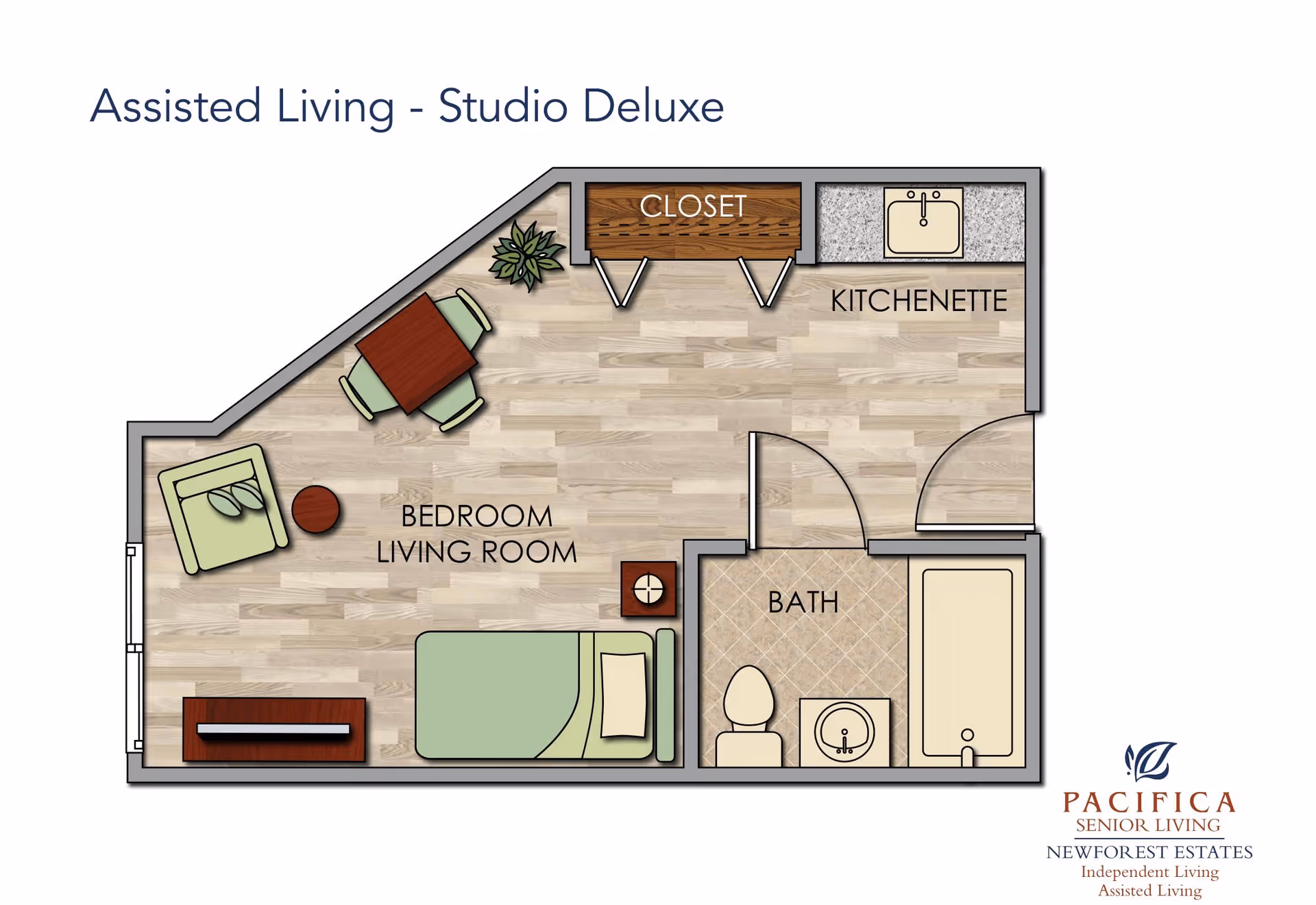 Floor plan of an assisted living studio deluxe apartment showing a combined bedroom and living room area with a bed, chair, table with four chairs, and a closet. There is a kitchenette with a sink, and a bathroom with a toilet, sink, and bathtub.