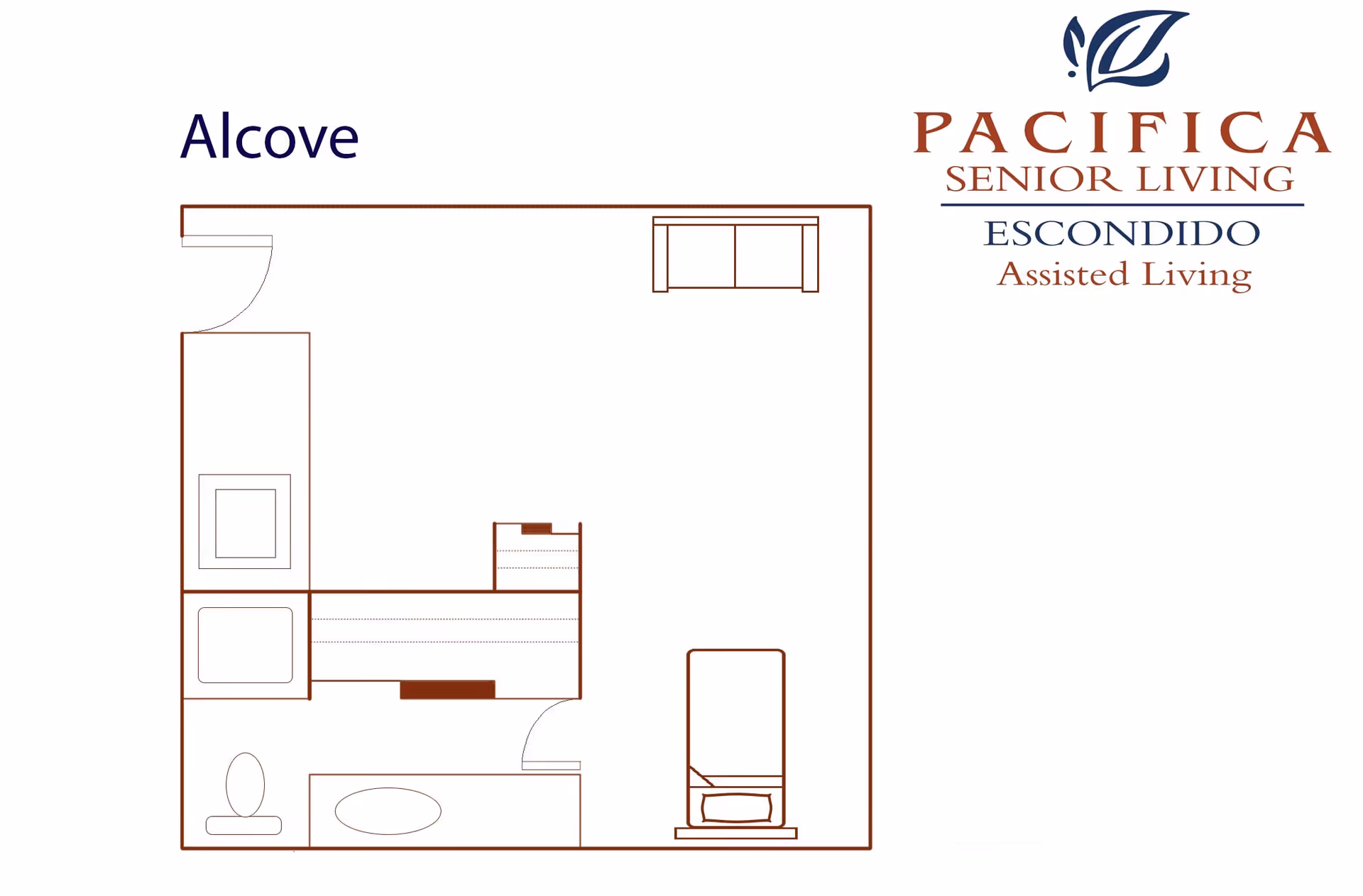 Floor plan layout labeled Alcove for Pacifica Senior Living Escondido Assisted Living, showing a small living space with a bed, sofa, bathroom with toilet and sink, and a kitchenette area.