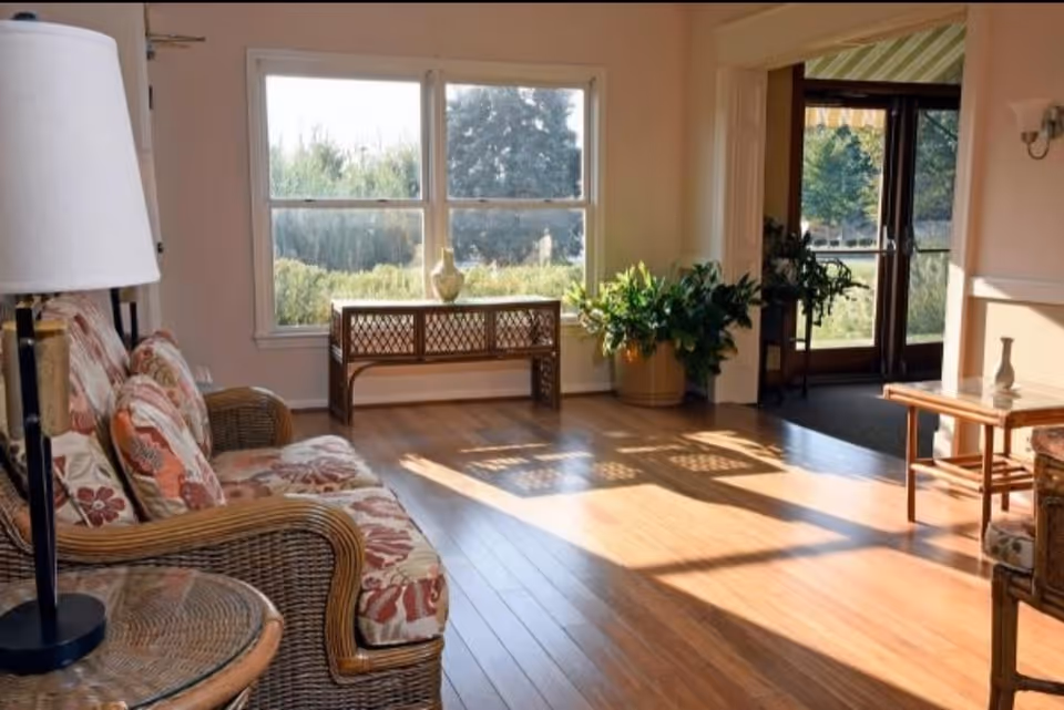 A bright living room area with wooden flooring, a wicker sofa with floral cushions, a wicker side table with a lamp, a wooden console table with a decorative vase, and large windows letting in natural light. There are also green plants near the entrance door with glass panels.