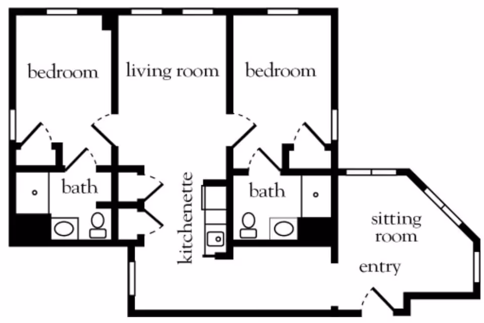 Floor plan of a living space at Atria Merrimack Place showing two bedrooms, two bathrooms, a living room, kitchenette, sitting room, and entry area.