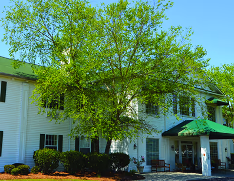 Exterior view of a two-story white building with green roof accents, surrounded by green trees and bushes under a clear blue sky. There are benches near the entrance and a paved driveway in front.