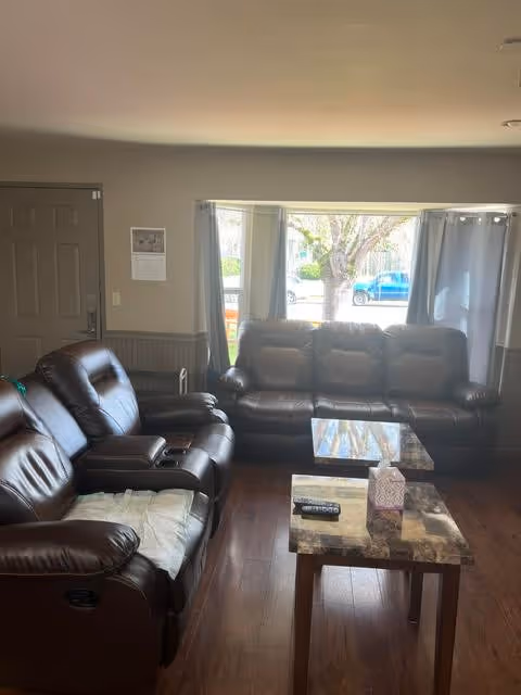 A living room with two dark brown leather sofas facing each other, a wooden coffee table with a remote control and a tissue box on it, a large window with curtains partially open showing a tree and a blue vehicle outside, and a closed door on the left wall.
