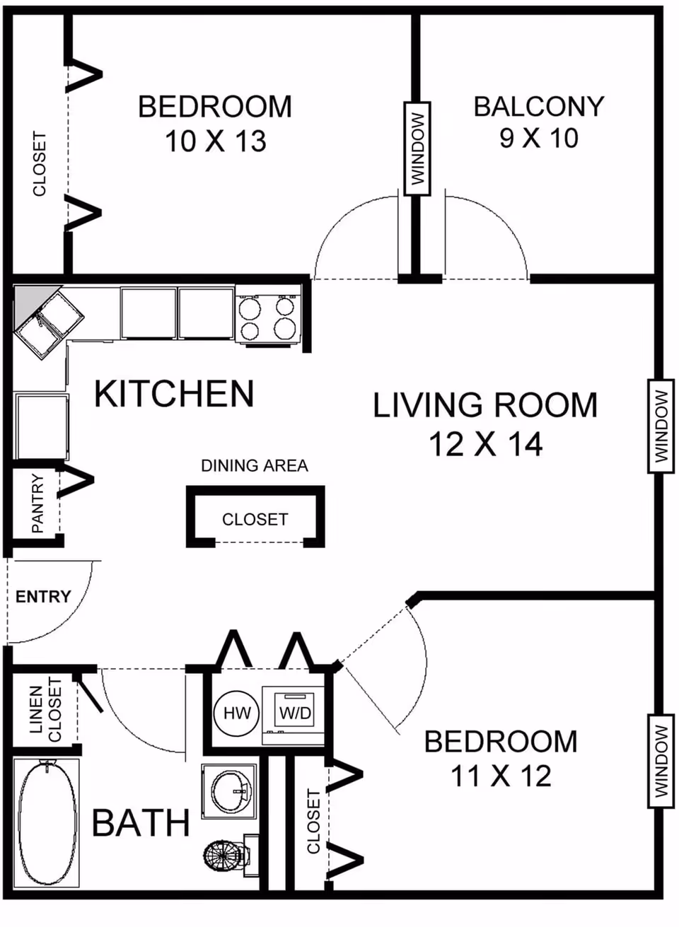 Floor plan of an apartment at Schaffer Heights showing two bedrooms, a kitchen with dining area, a living room, a bathroom, a balcony, closets, pantry, linen closet, and washer/dryer area.