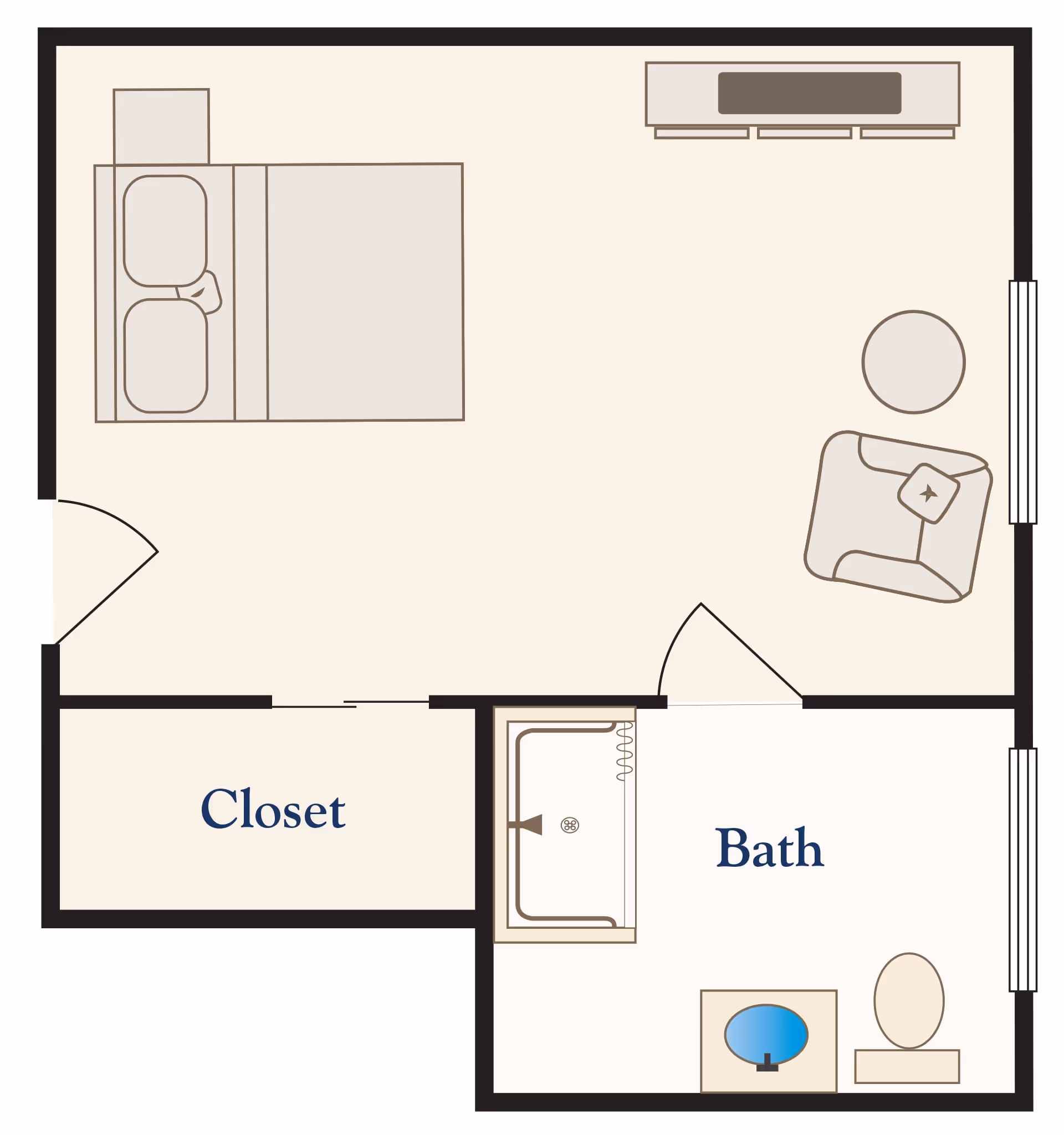 Floor plan of a senior living unit showing a bedroom with a bed, a closet, a sitting area with a chair and table, and an adjacent bathroom with a bathtub, sink, and toilet.
