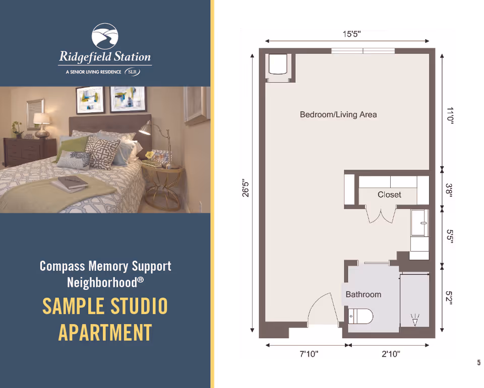 Brochure for Ridgefield Station Senior Living showing a staged bedroom photo alongside a labeled sample studio apartment floor plan.