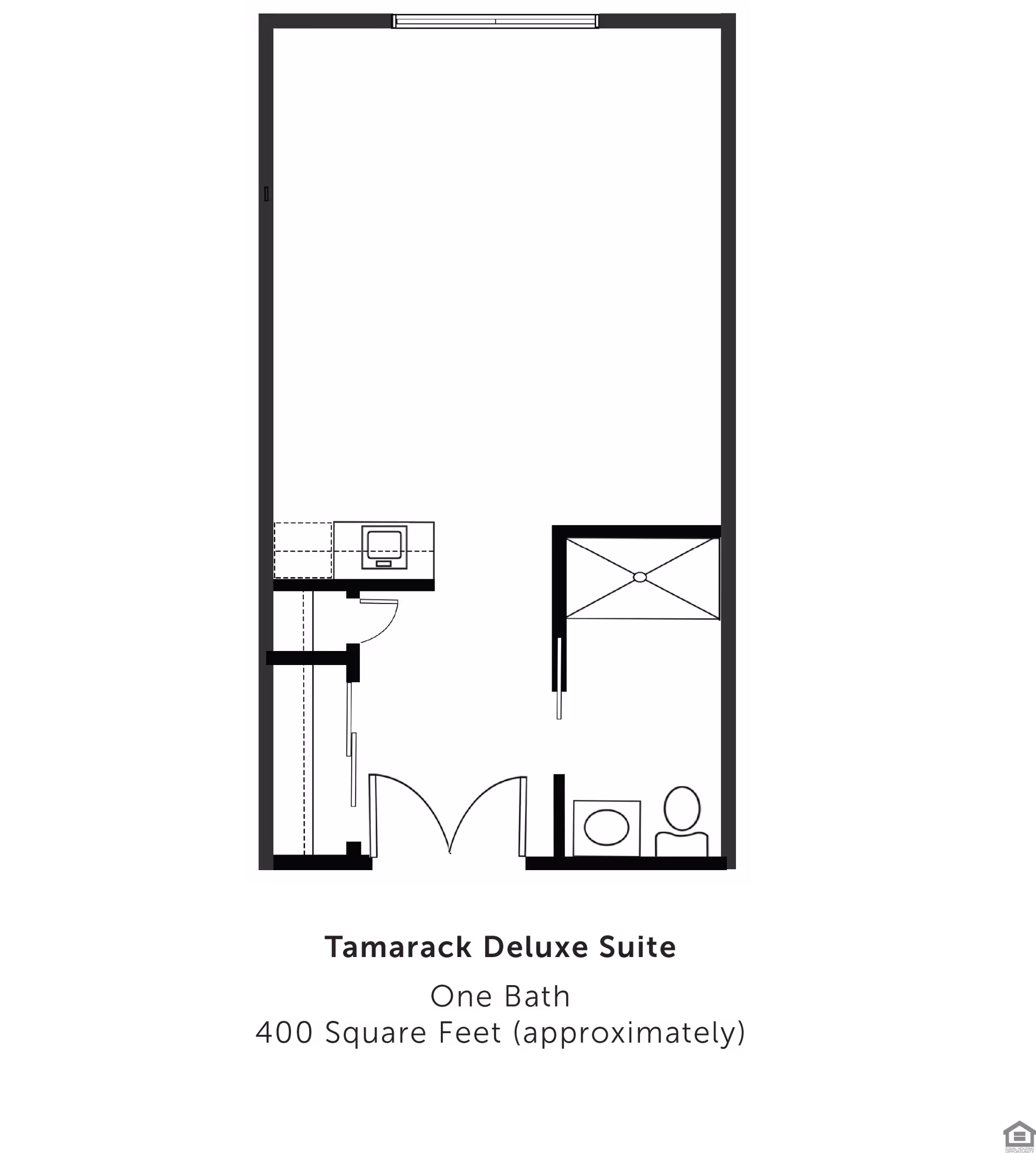 Black-and-white floor plan of a Tamarack Deluxe Suite showing a single-room layout with a kitchenette and one bathroom.