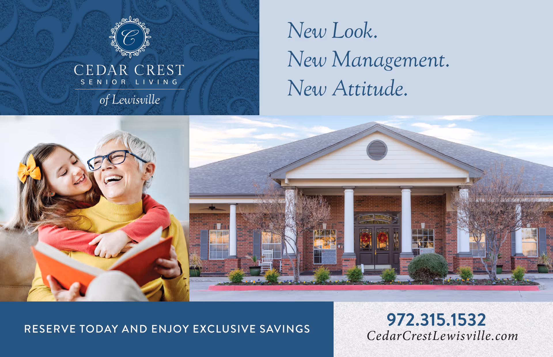 Promotional image for Cedar Crest Senior Living of Lewisville featuring a smiling elderly woman with a young girl hugging her from behind while holding a book, alongside an exterior view of the senior living facility building with a brick facade and white columns under a clear sky.
