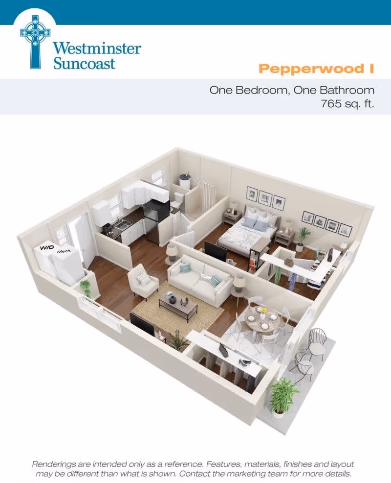 3D floor plan of a one-bedroom, one-bathroom apartment named Pepperwood I at Westminster Suncoast, showing a living room with sofa and chairs, a kitchen with appliances, a bedroom with a bed and nightstands, a bathroom, a dining area with a round table and chairs, and a small outdoor patio with chairs and a plant.