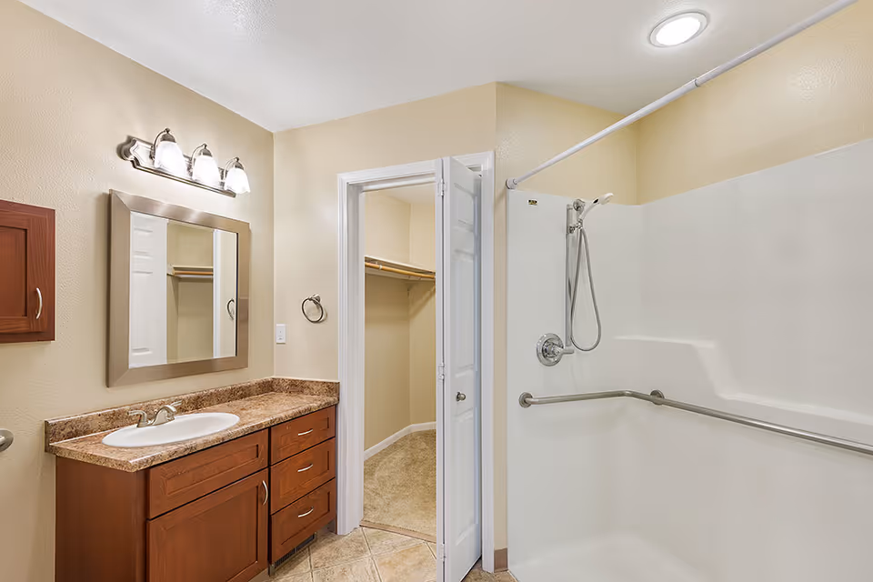 Well-lit bathroom with a wooden vanity and sink, mirror, a walk-in shower with grab bars and handheld showerhead, and an open door to a walk-in closet.